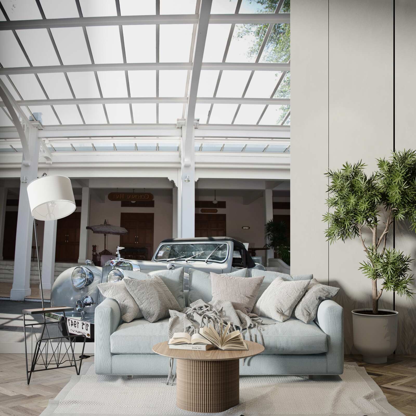 Fototapeta stary szary samochód w pobliżu budynku