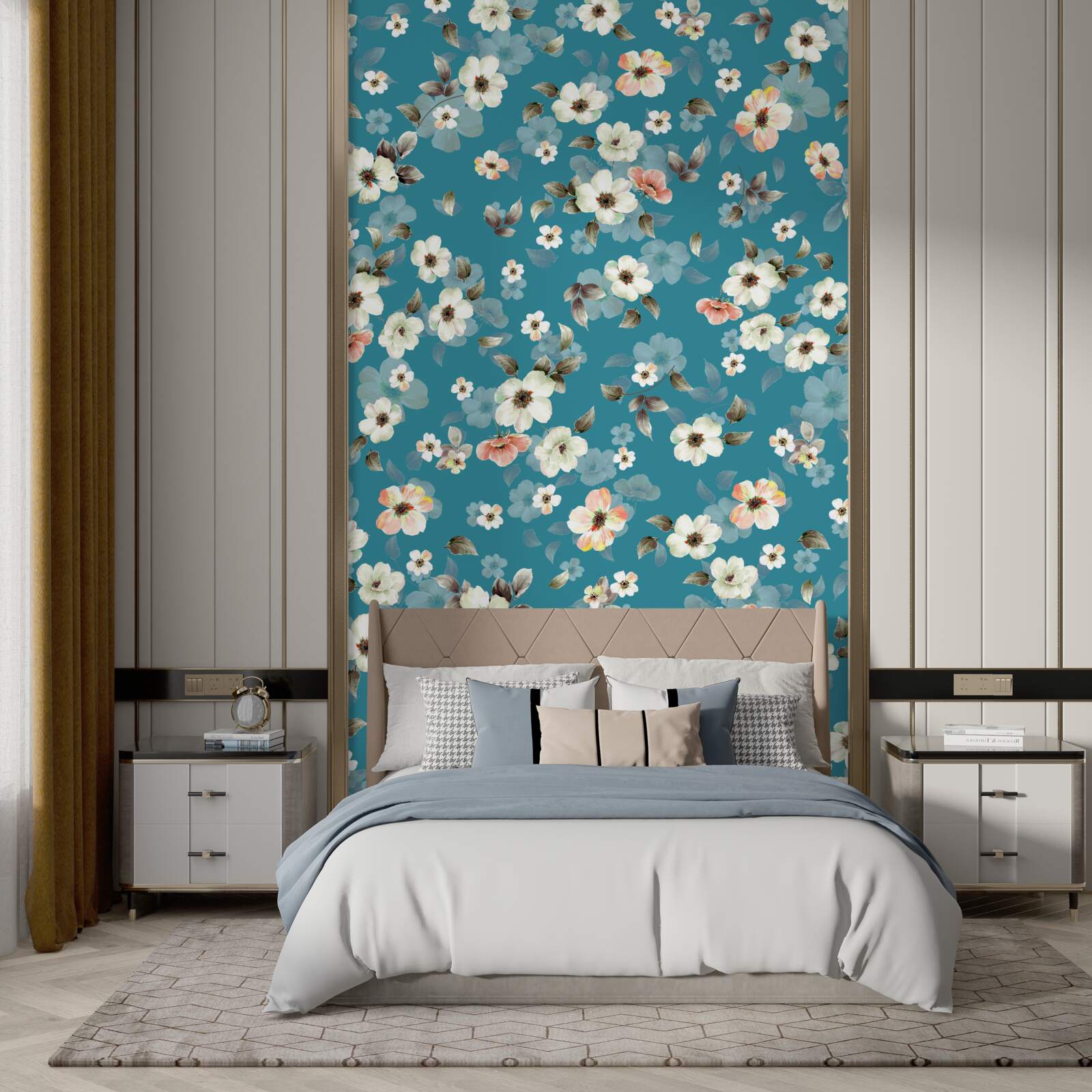 Fototapeta małe kwiaty na niebieskiej podstawie