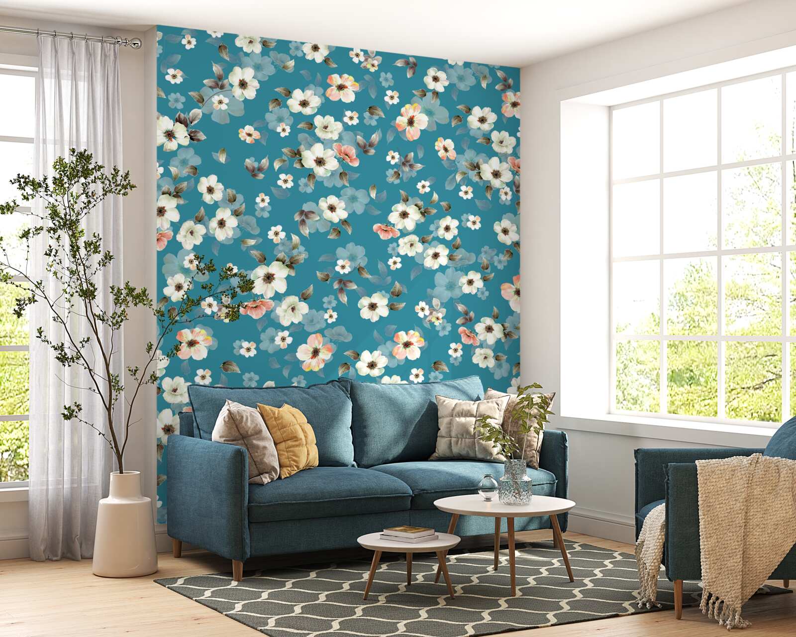 Fototapeta małe kwiaty na niebieskiej podstawie