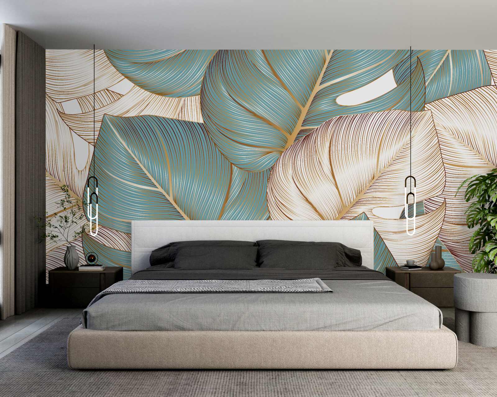 Fototapeta duże liście w kolorach zielonym i złotym