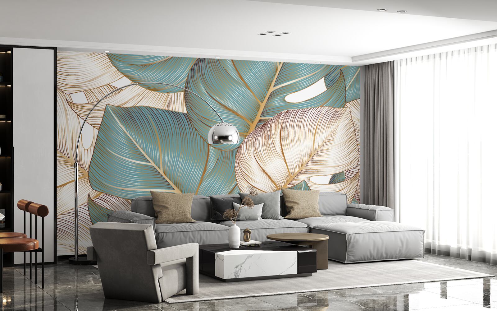 Fototapeta duże liście w kolorach zielonym i złotym