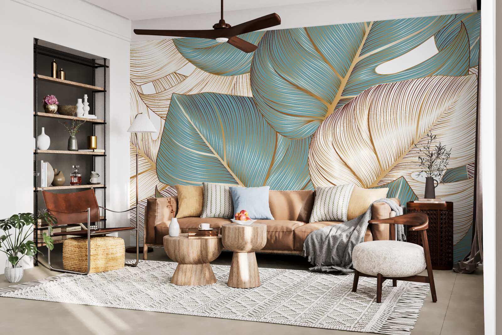 Fototapeta duże liście w kolorach zielonym i złotym