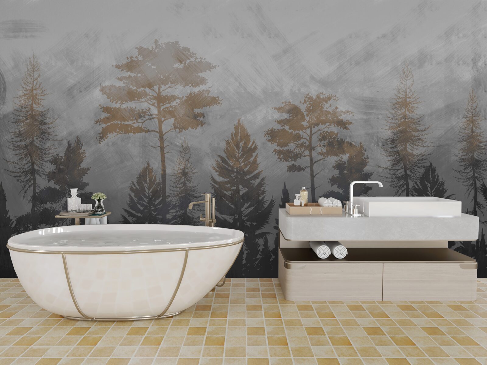 Fototapeta przez leśną zasłonę mgły przebijają się promienie słońca