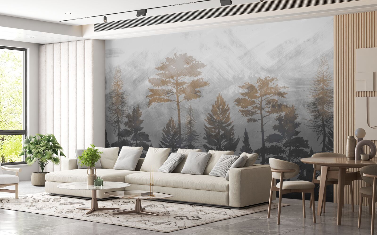 Fototapeta przez leśną zasłonę mgły przebijają się promienie słońca