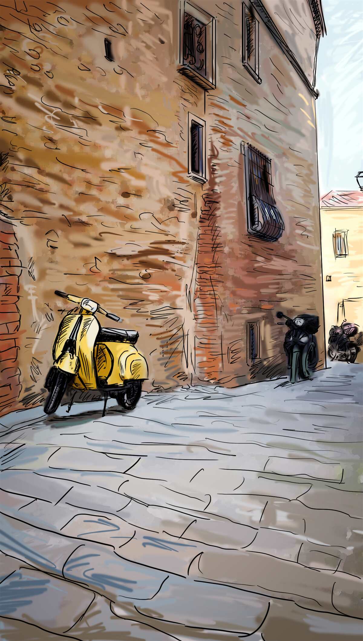 Fototapeta starożytna brukowana ulica i skuter