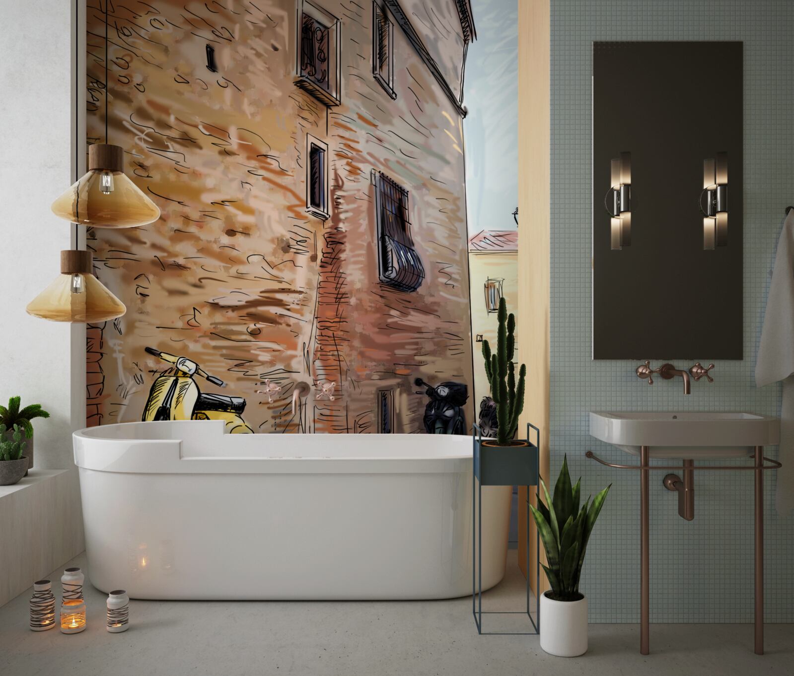 Fototapeta starożytna brukowana ulica i skuter