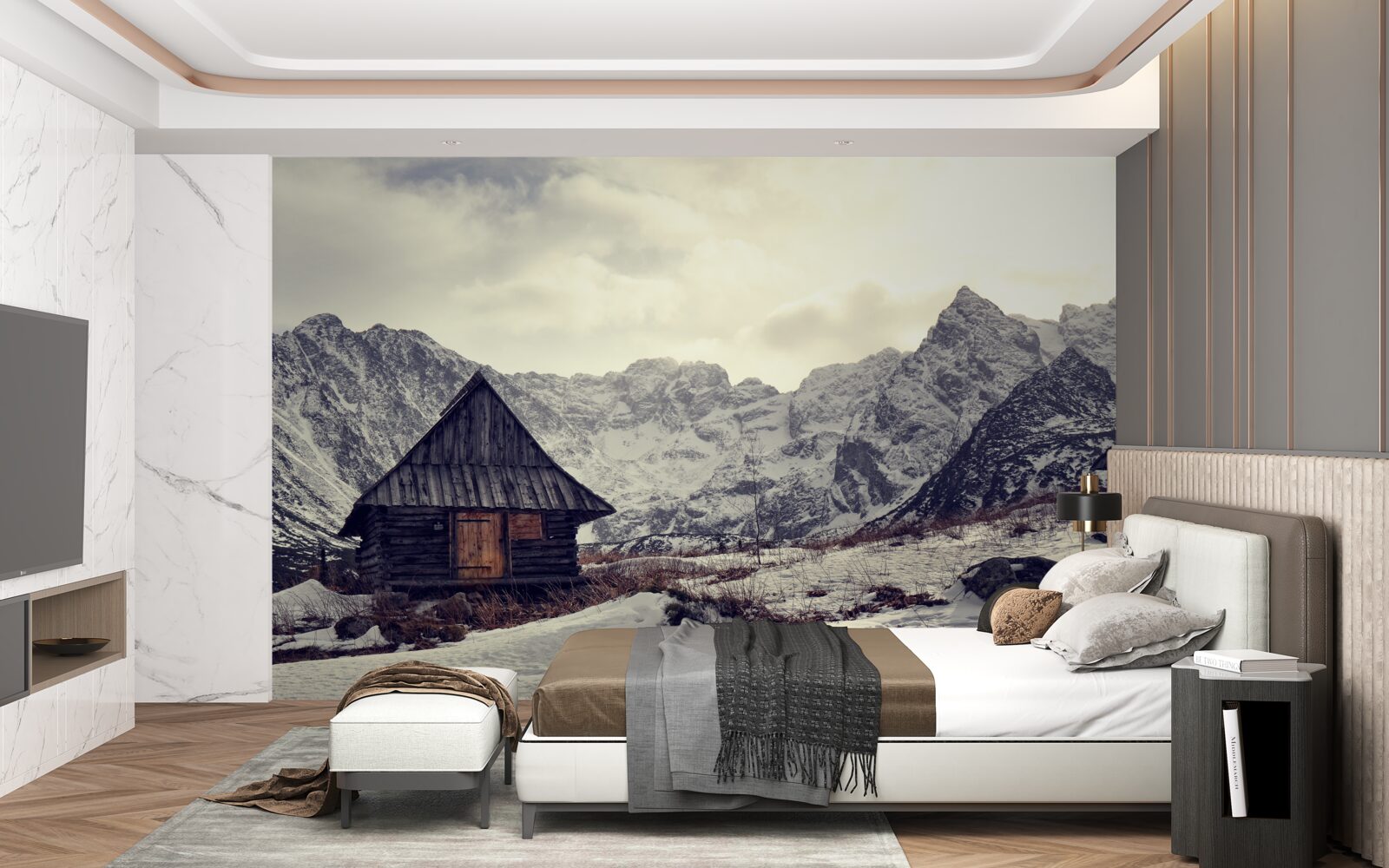 Fototapeta wygodny dom wśród mroźnych gór