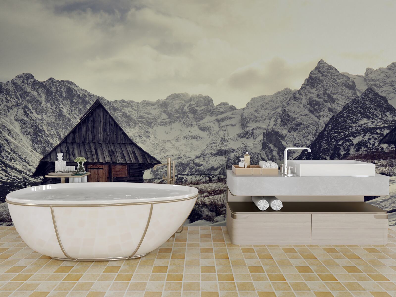 Fototapeta wygodny dom wśród mroźnych gór