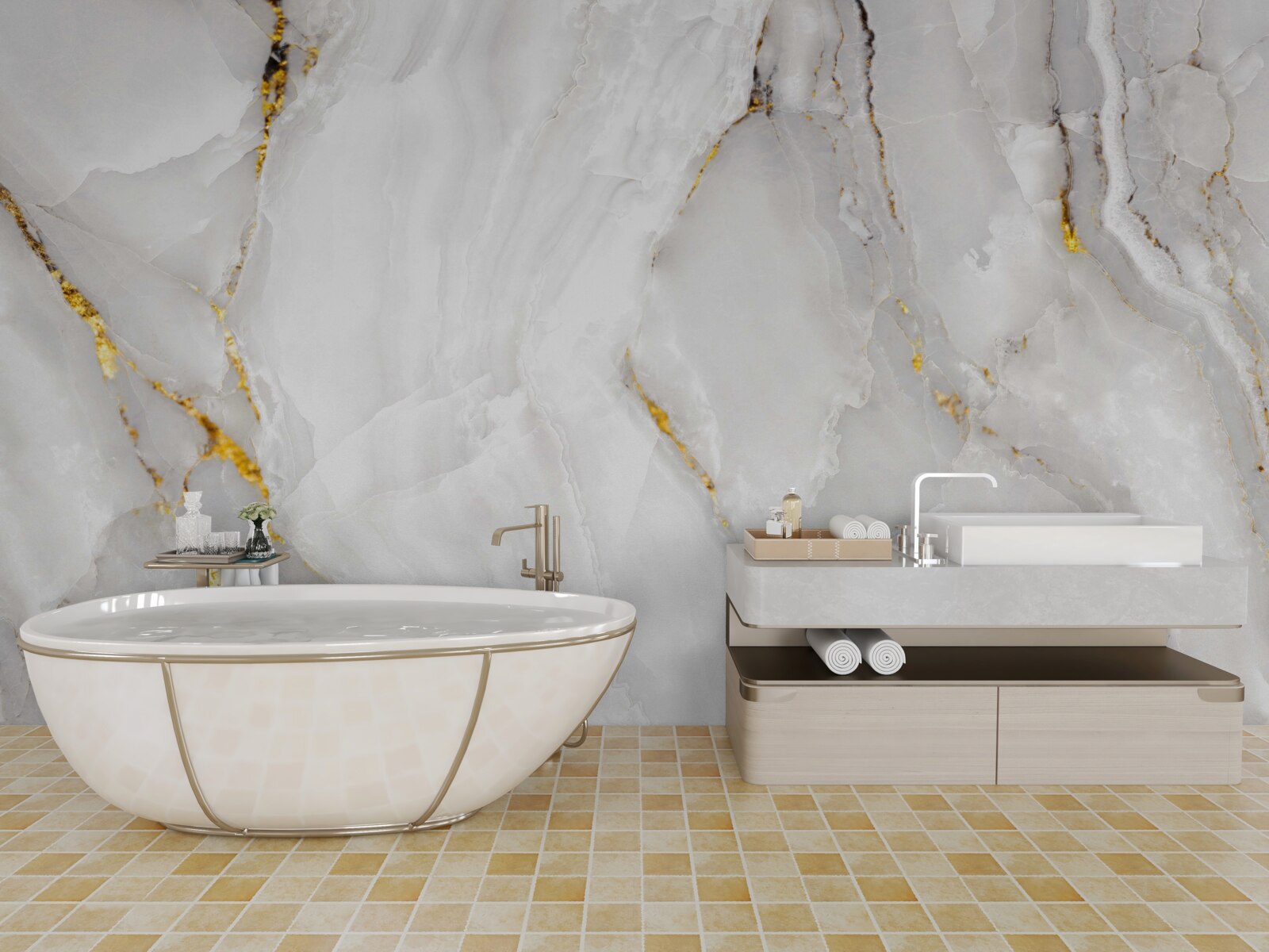 Fototapeta marmur w odcieniach szarości i bieli ze złotymi elementami