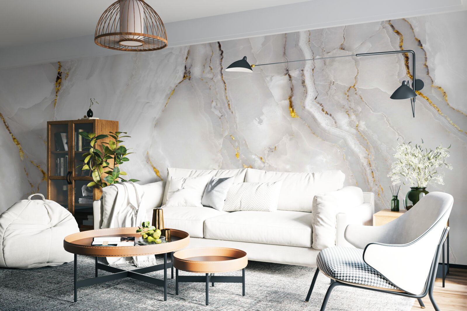 Fototapeta marmur w odcieniach szarości i bieli ze złotymi elementami