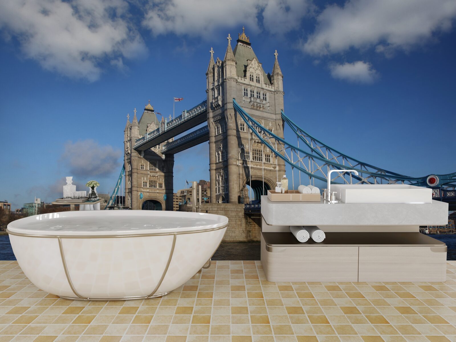 Fototapeta most tower bridge rozciągający się nad spokojną powierzchnią rzeki