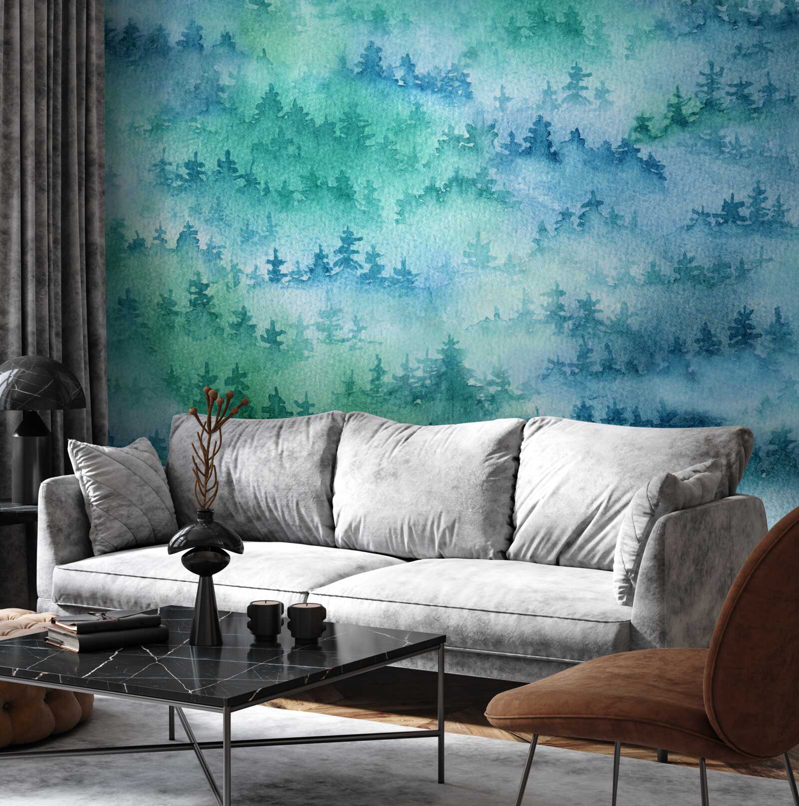 Fototapeta las iglasty spowija gęsta mgła