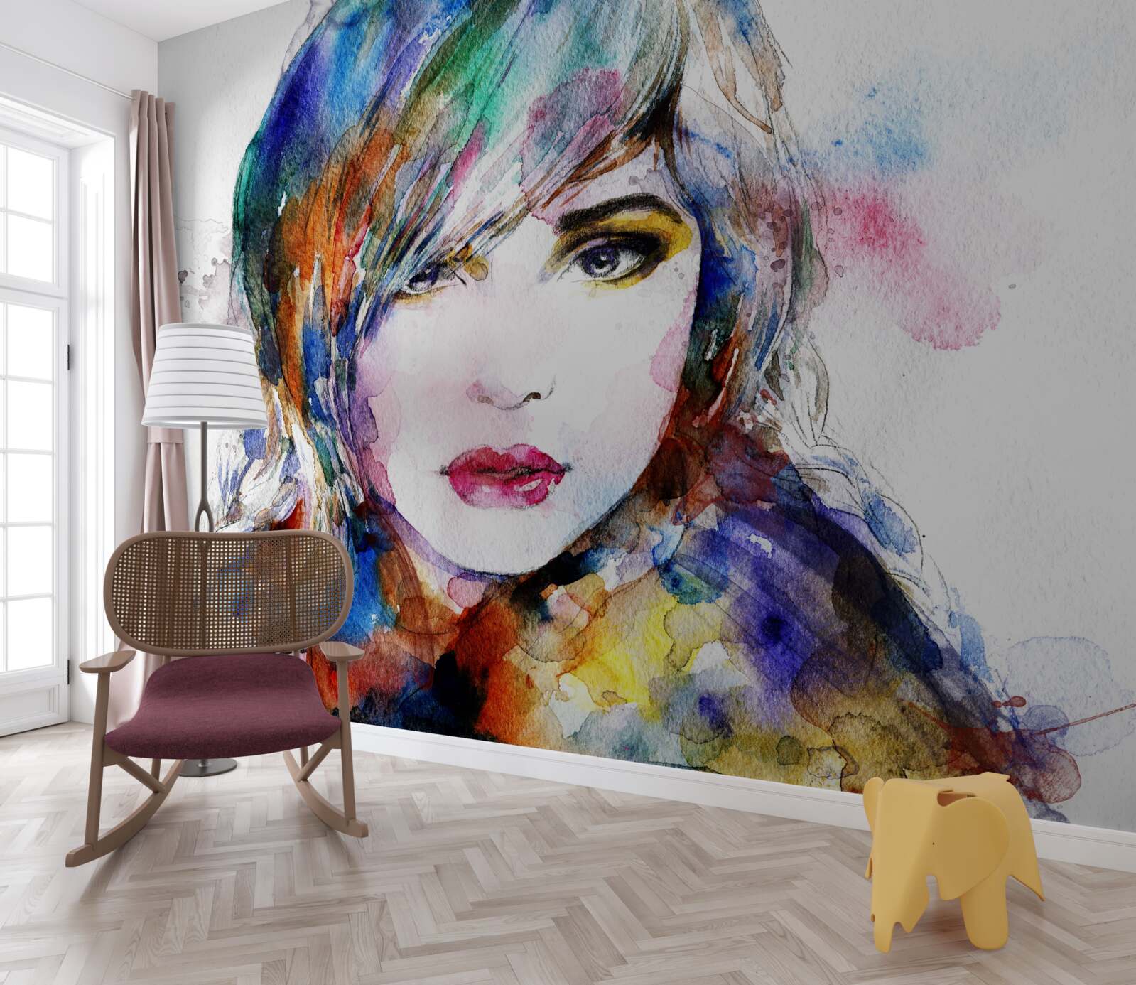 Fototapeta wizerunek dziewczynki wykonany w jasnych kolorach akwareli