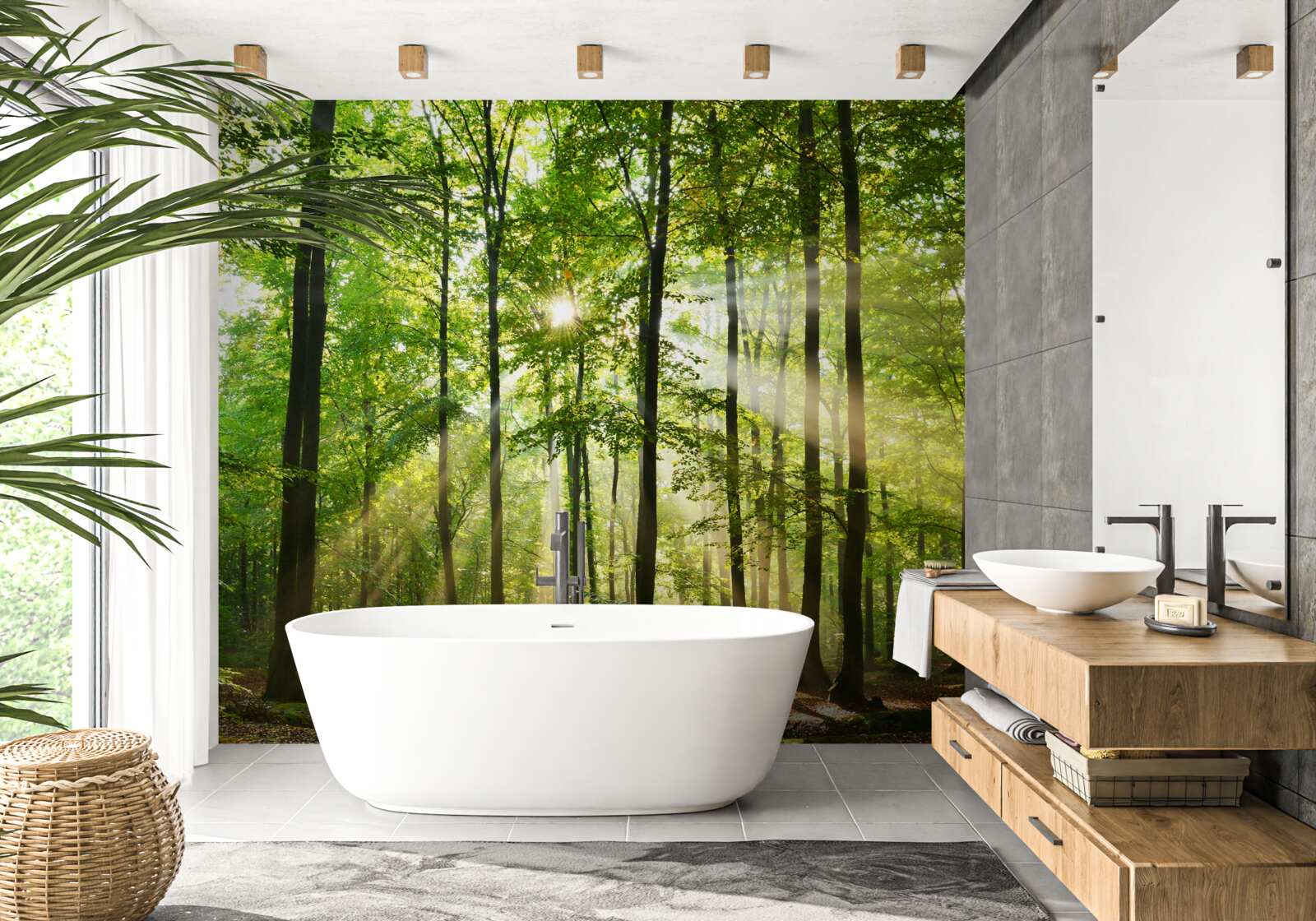 Fototapeta promienie słońca przebijają się przez uporządkowany zielony las