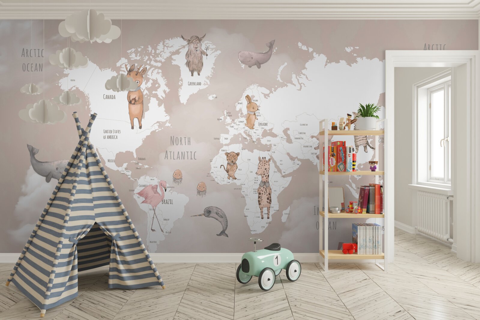 Fototapeta mapa świata z wizerunkami zwierząt i samolotów