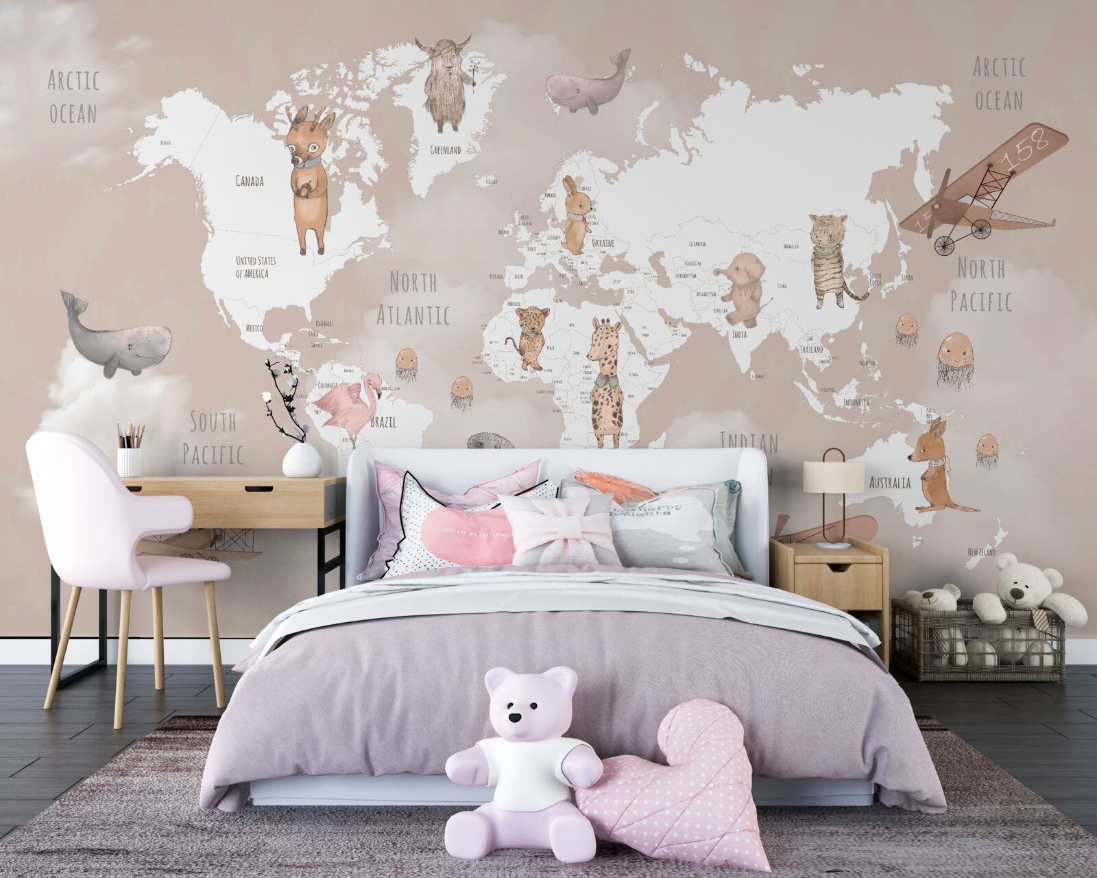 Fototapeta mapa świata z wizerunkami zwierząt i samolotów