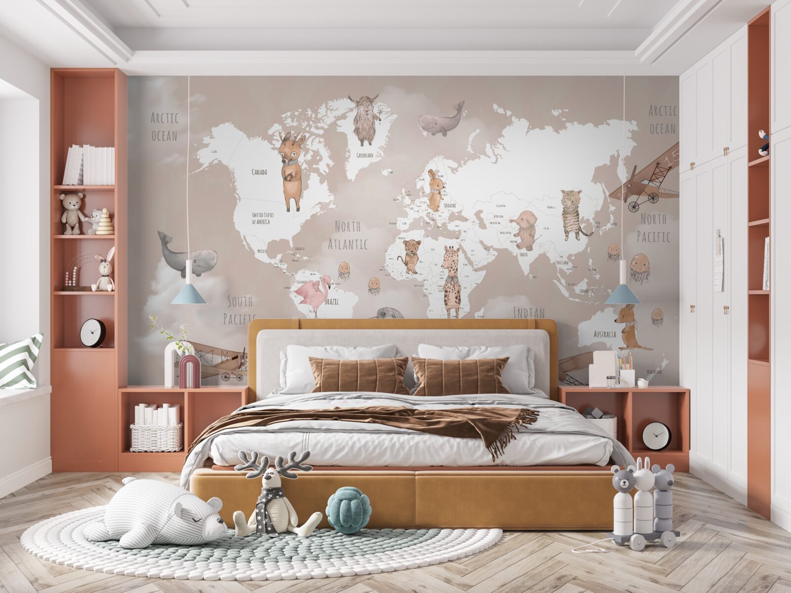 Fototapeta mapa świata z wizerunkami zwierząt i samolotów