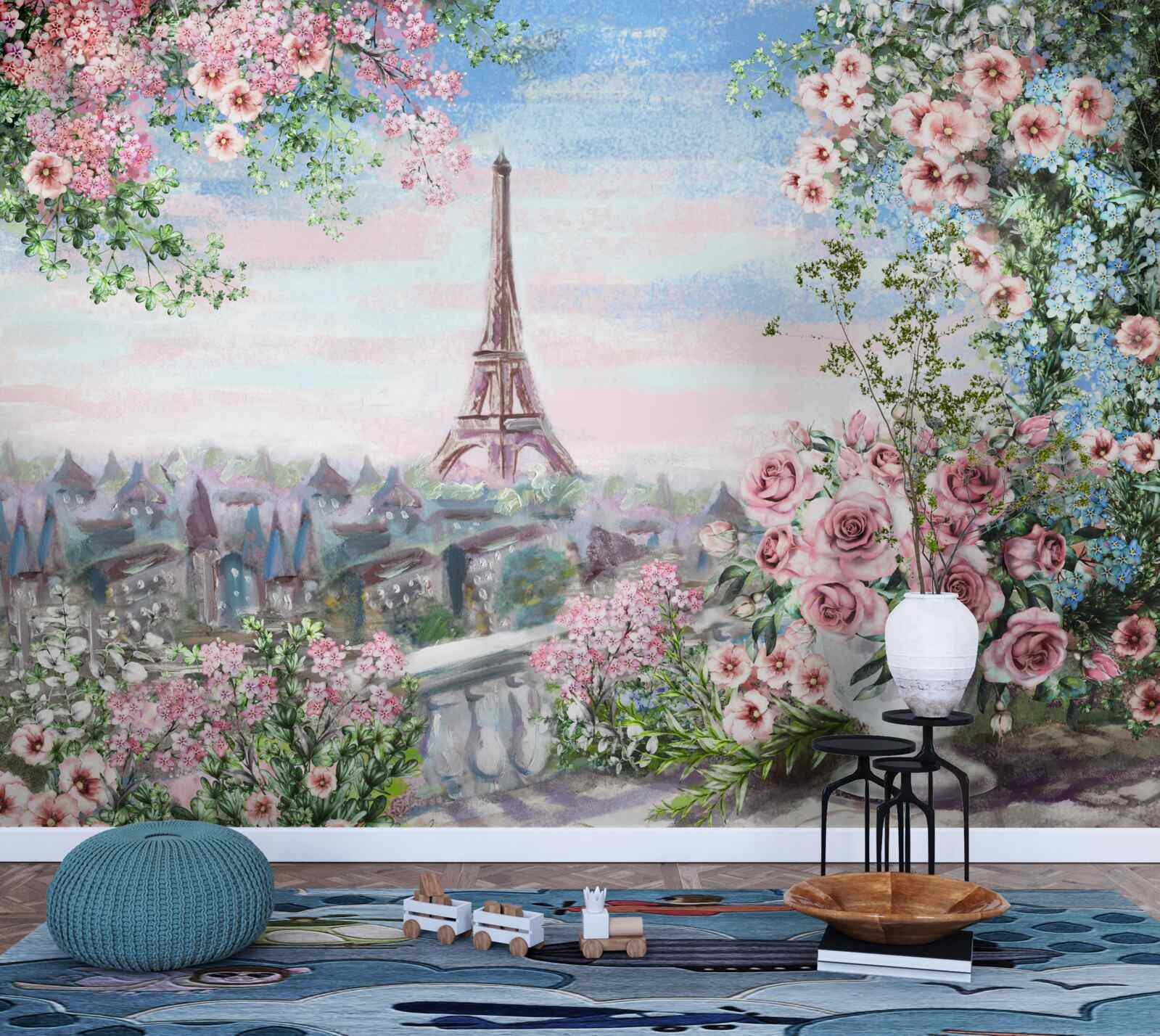 Fototapeta różowe kwiaty w ogrodzie położonym naprzeciwko wieży eiffla