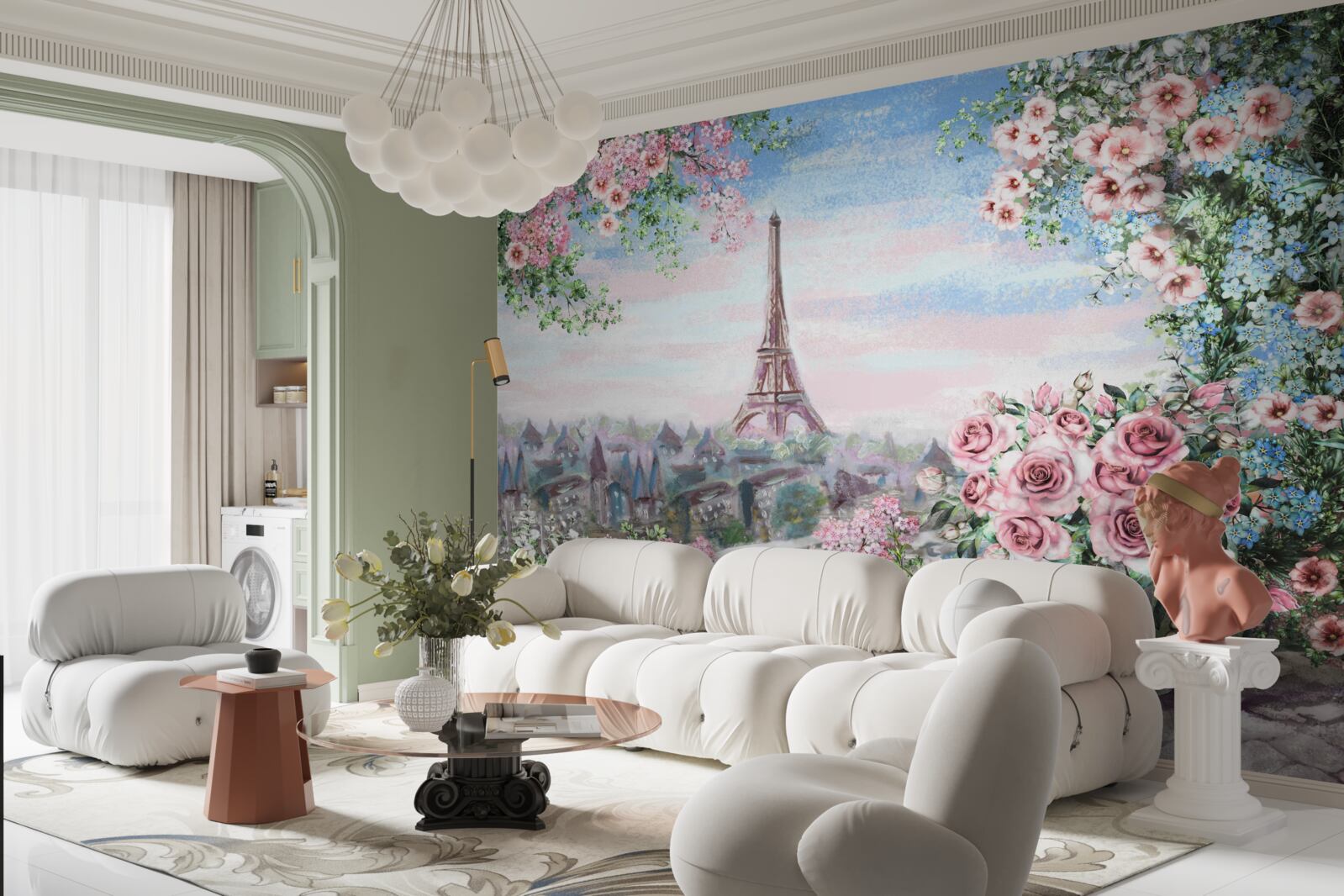 Fototapeta różowe kwiaty w ogrodzie położonym naprzeciwko wieży eiffla