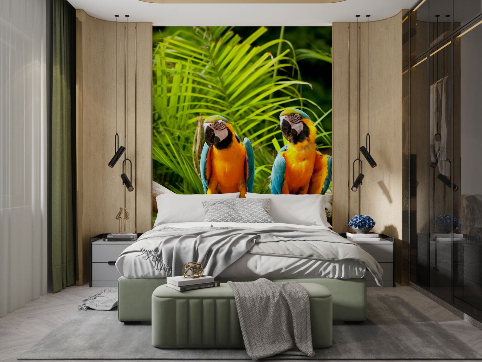 Fototapeta dwie ary siedzące na gałęziach palmowych