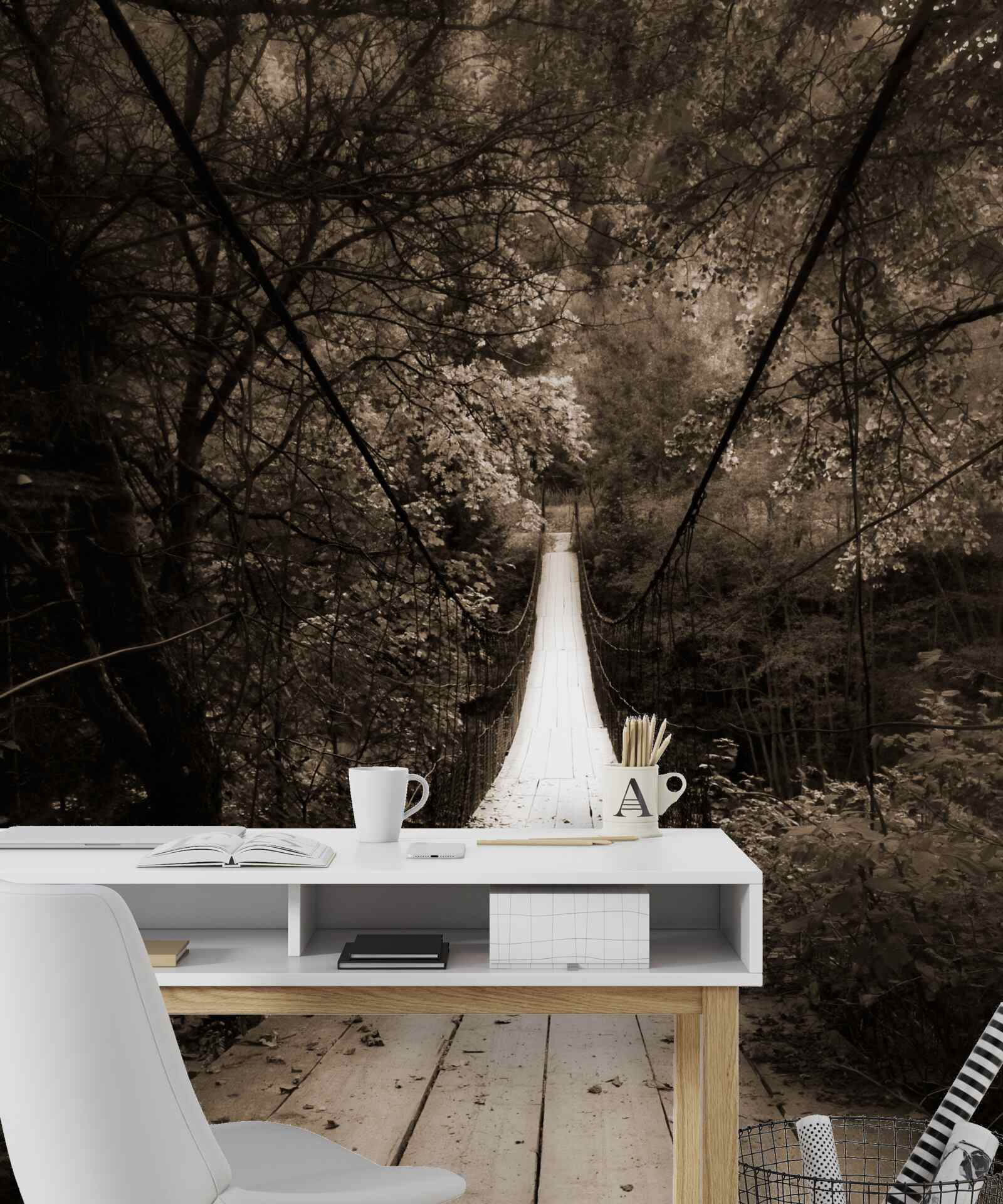 Fototapeta drewniany most łączący staw na terenie leśnym