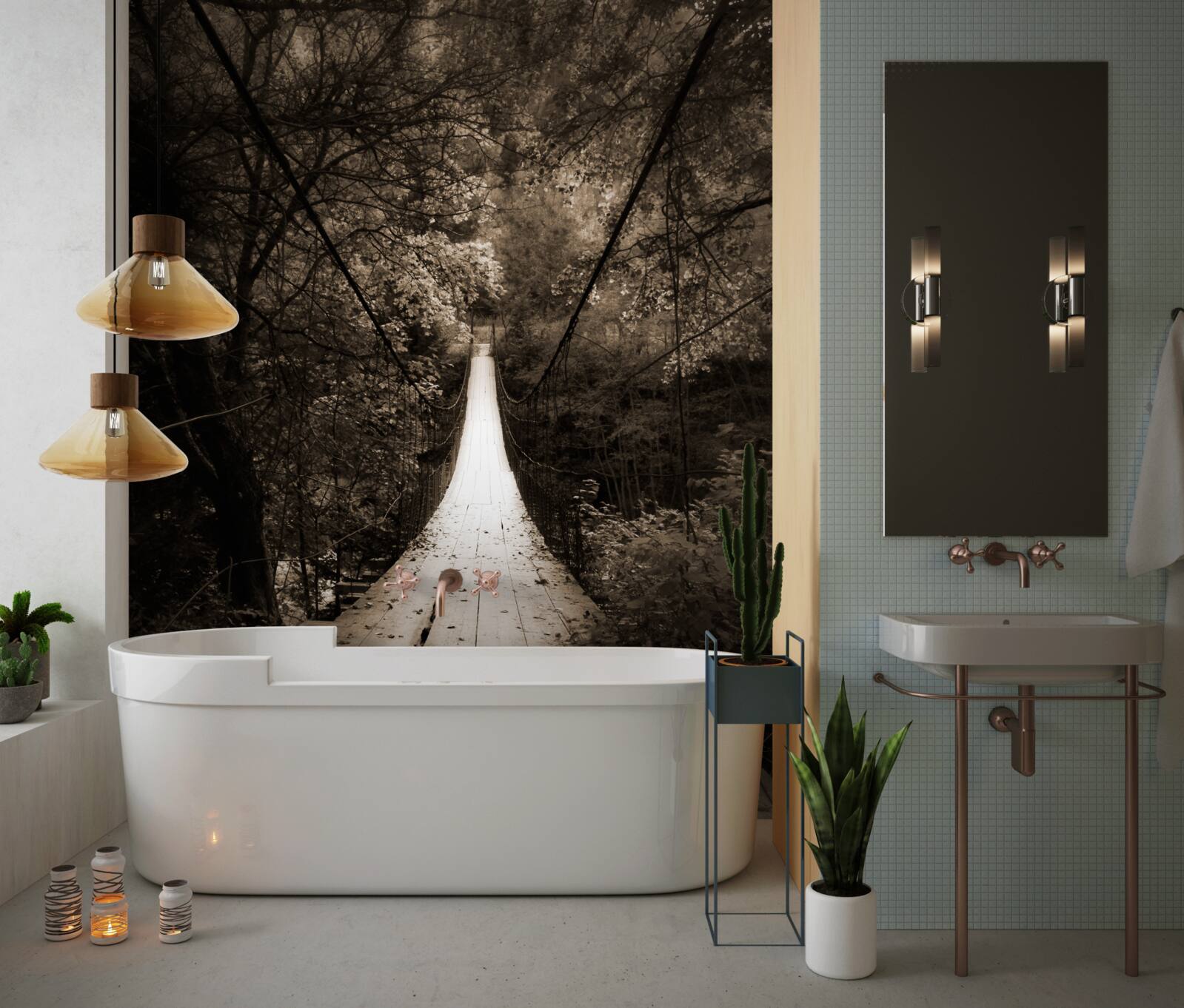 Fototapeta drewniany most łączący staw na terenie leśnym