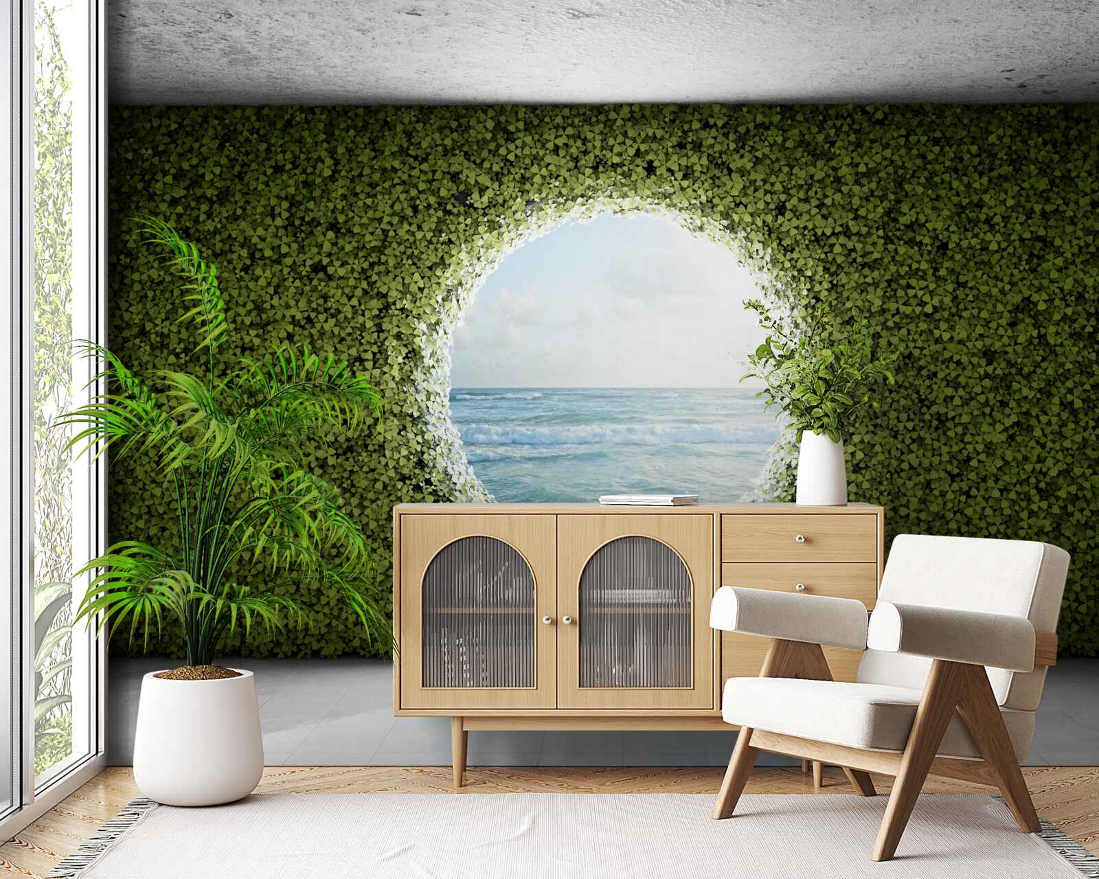 Fototapeta Ściana zielonych roślin z okrągłym otworem