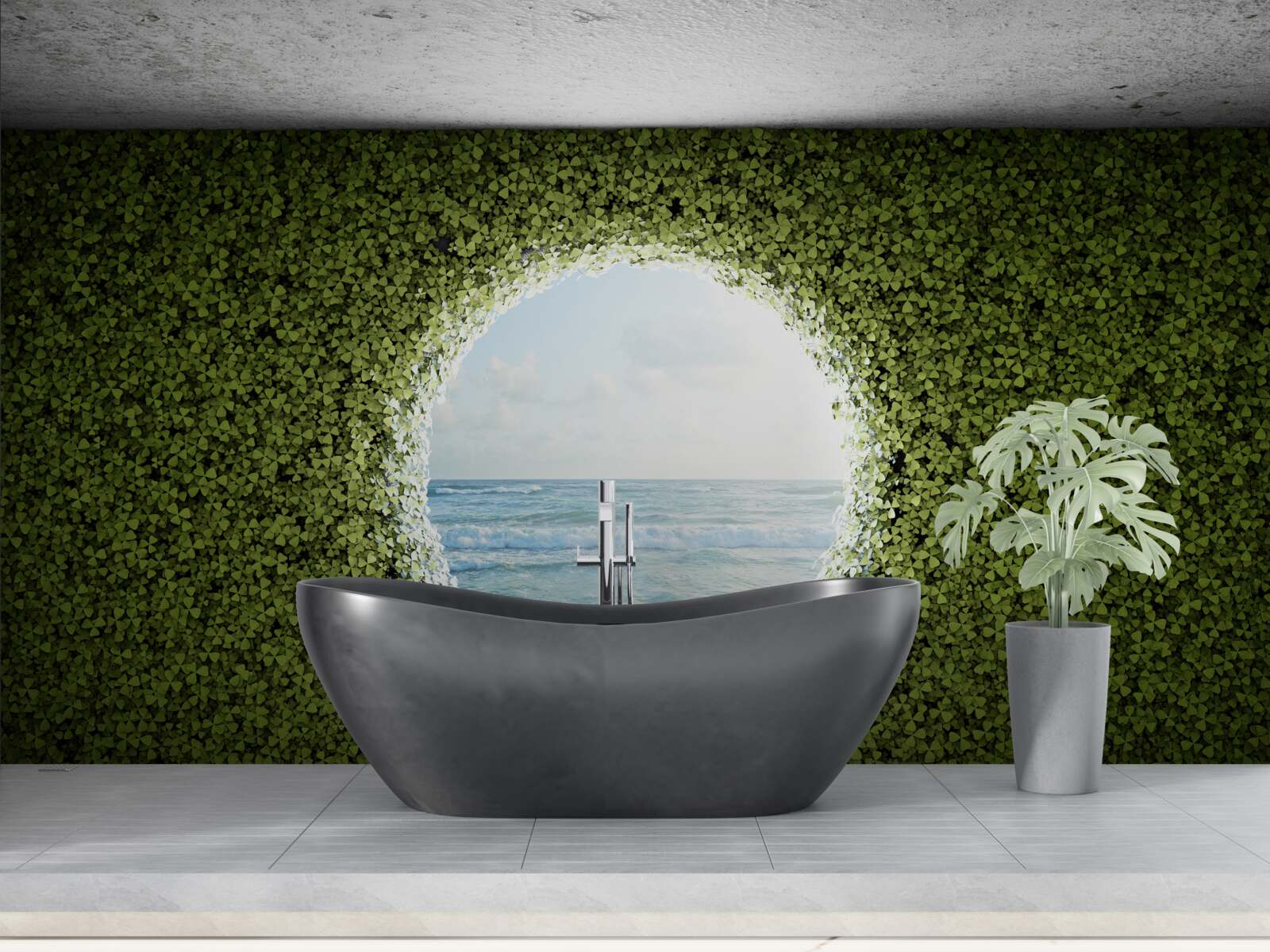 Fototapeta Ściana zielonych roślin z okrągłym otworem