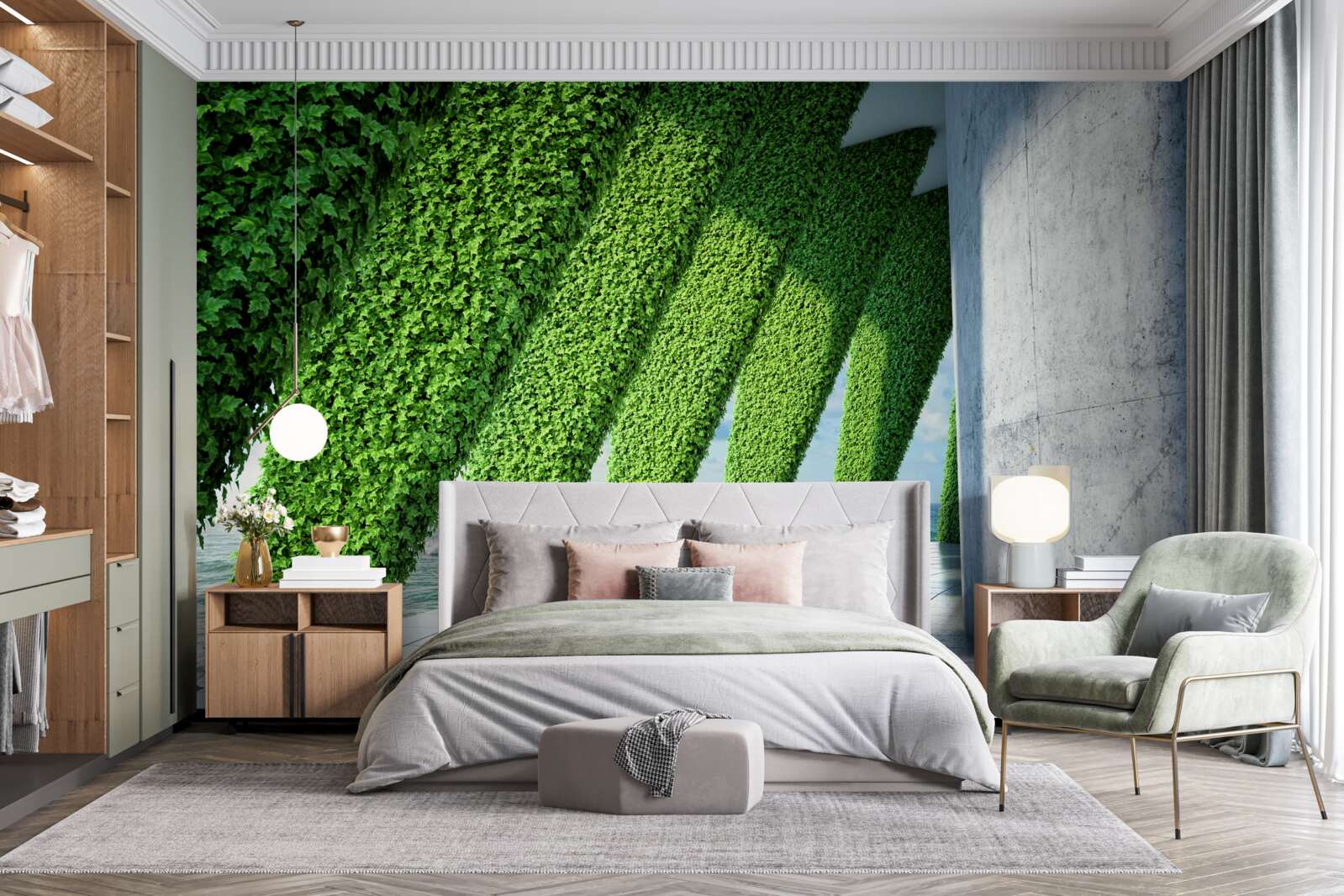 Fototapeta na filarach w korytarzu znajdują się zielone rośliny