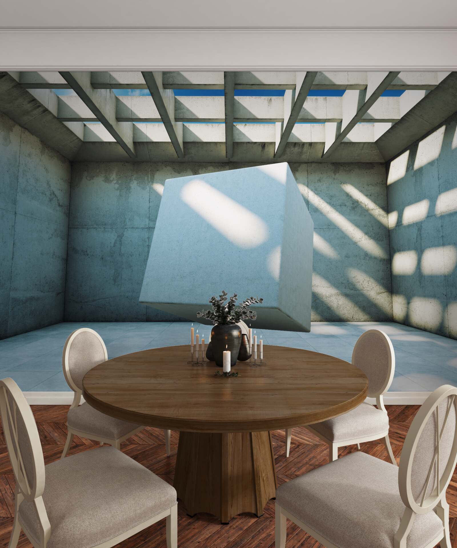 Fototapeta kostka 3d unosząca się w oświetlonym pomieszczeniu