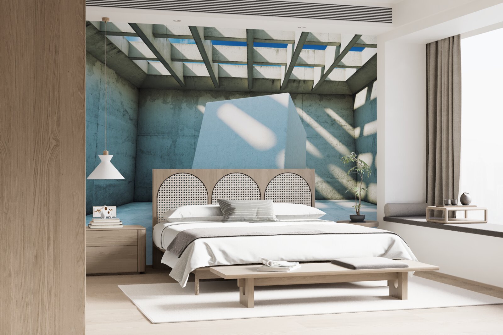 Fototapeta kostka 3d unosząca się w oświetlonym pomieszczeniu