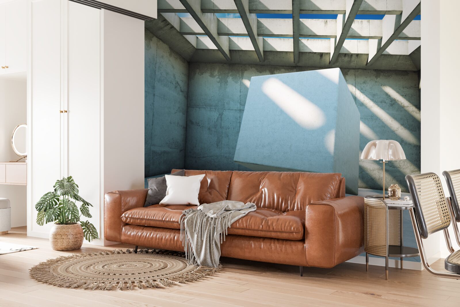 Fototapeta kostka 3d unosząca się w oświetlonym pomieszczeniu