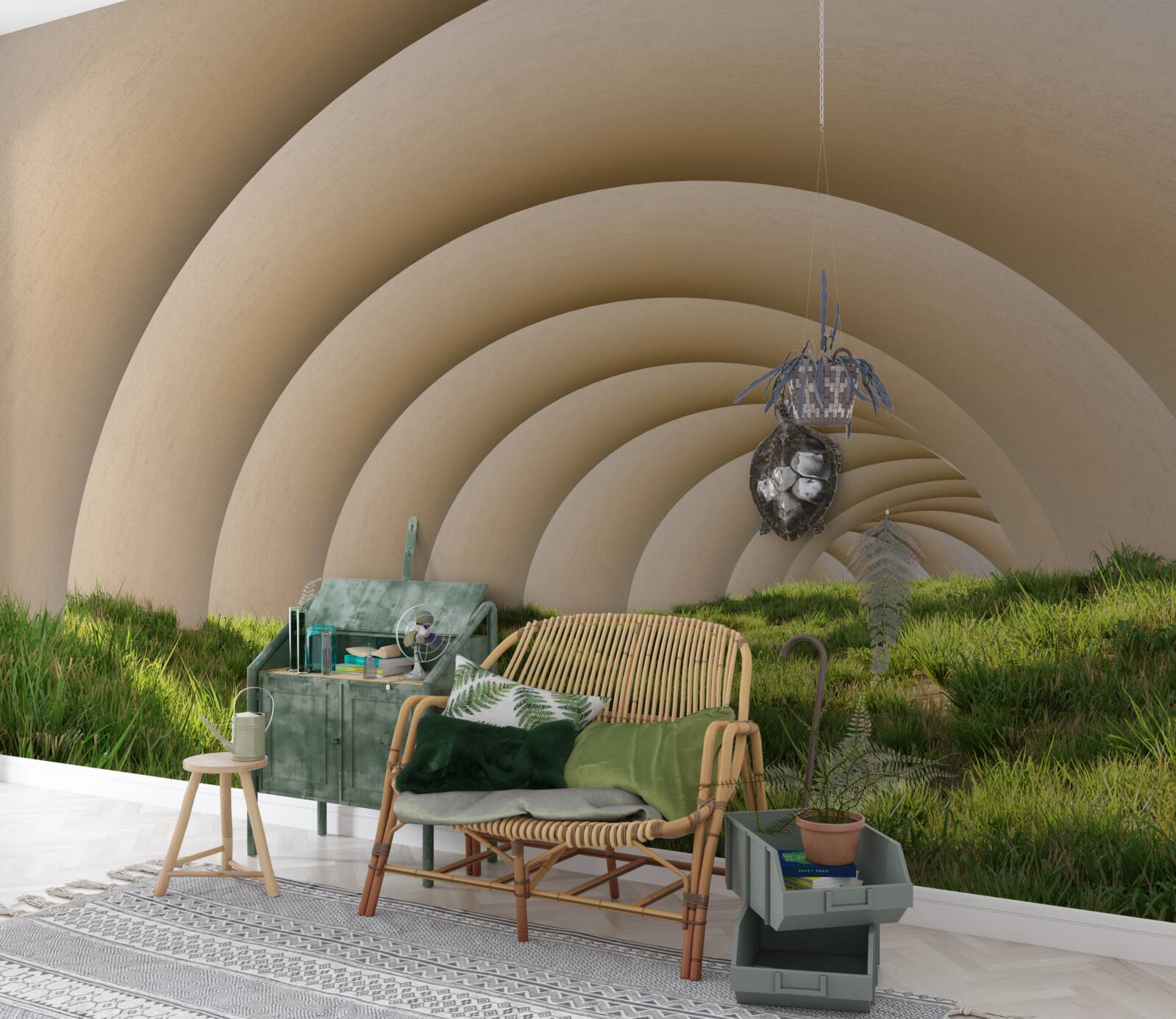 Fototapeta zielona trawa pod zakrzywionymi liniami szerokich łuków