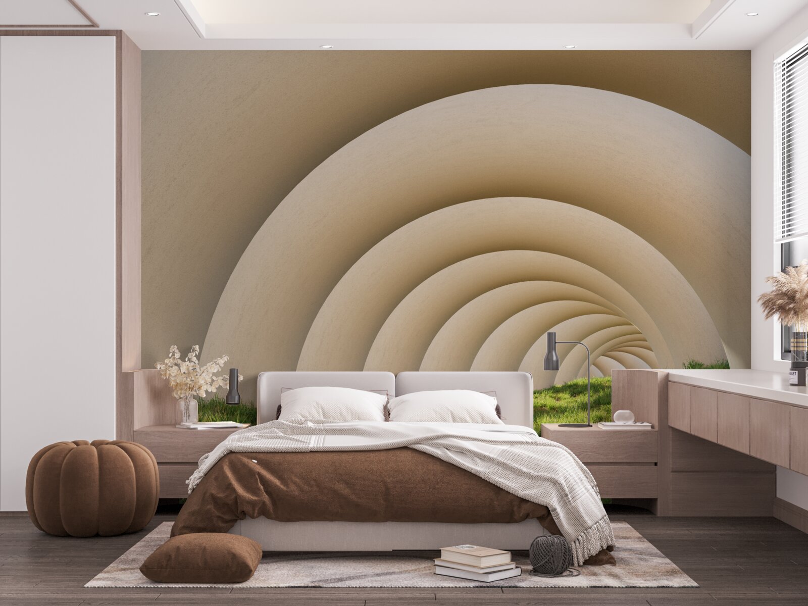 Fototapeta zielona trawa pod zakrzywionymi liniami szerokich łuków