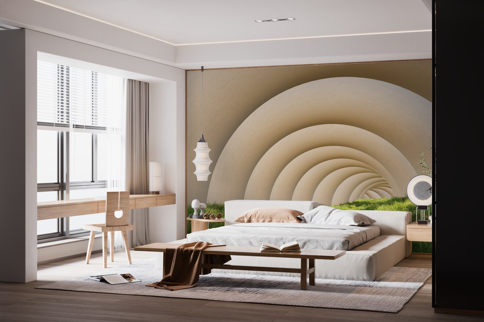 Fototapeta zielona trawa pod zakrzywionymi liniami szerokich łuków