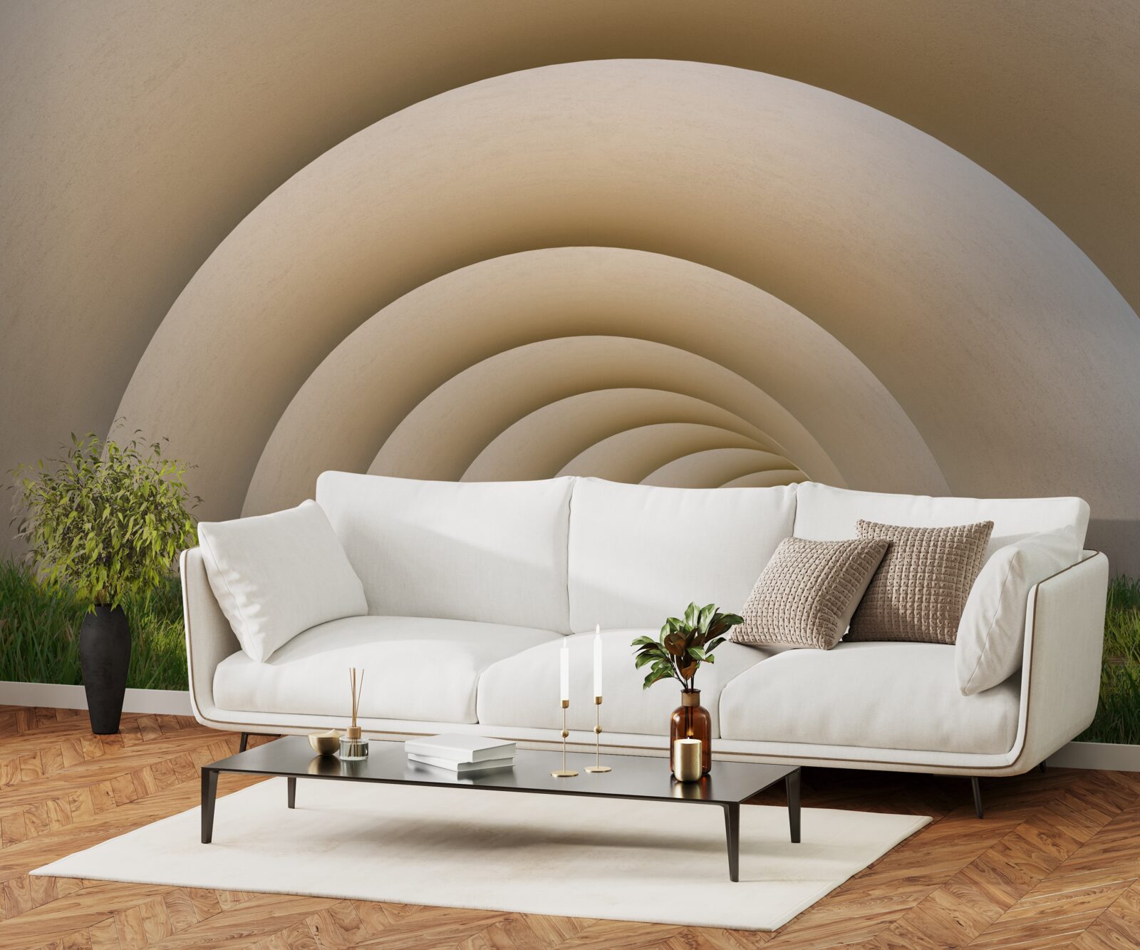 Fototapeta zielona trawa pod zakrzywionymi liniami szerokich łuków