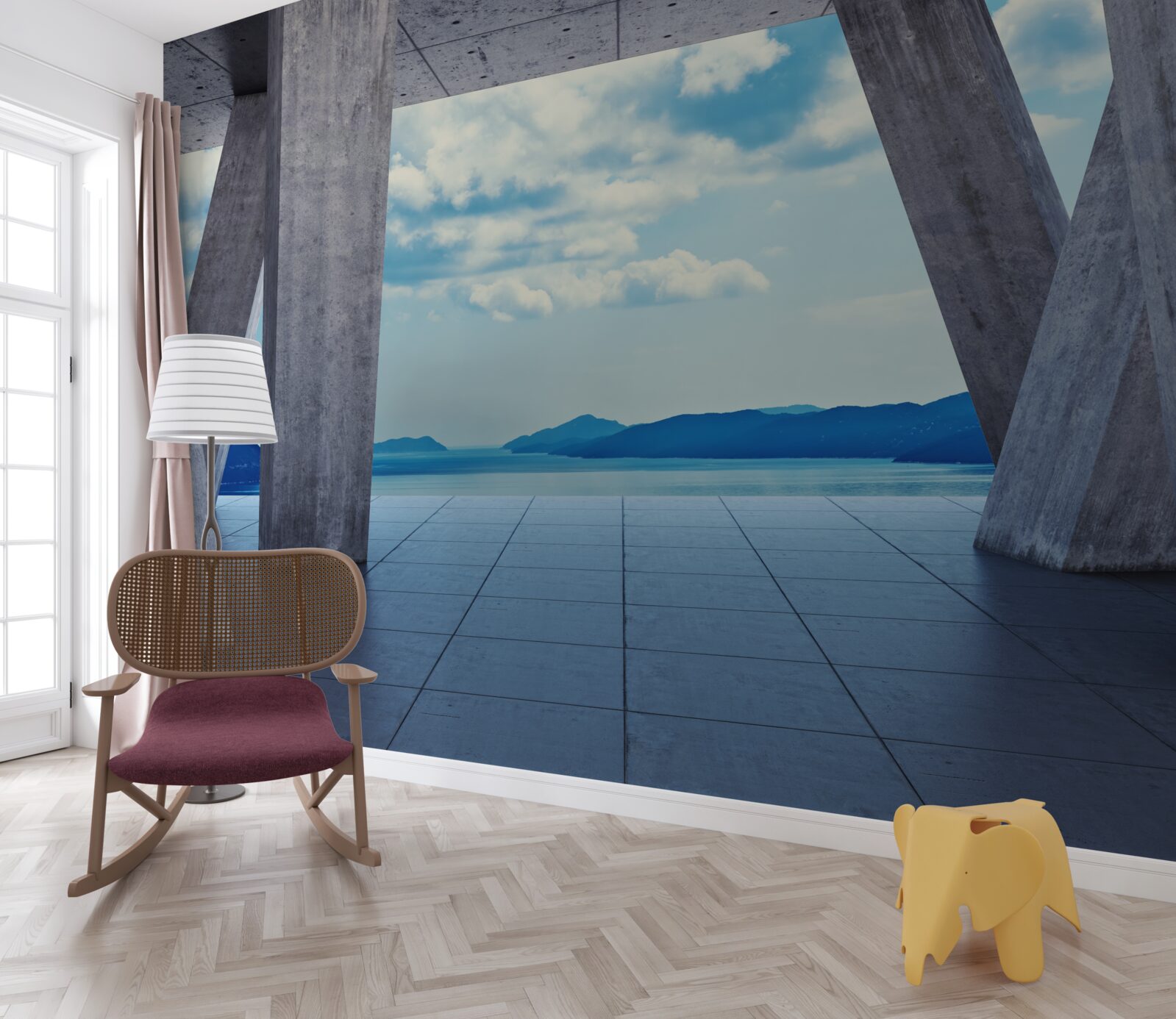 Fototapeta Łuki wykonane z betonu, otwierające panoramę gór i nieba