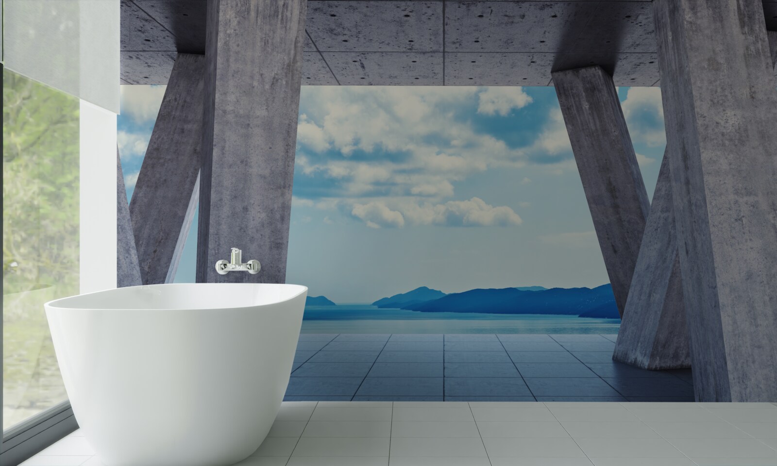 Fototapeta Łuki wykonane z betonu, otwierające panoramę gór i nieba