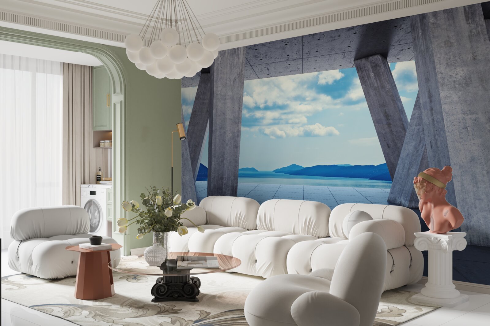 Fototapeta Łuki wykonane z betonu, otwierające panoramę gór i nieba