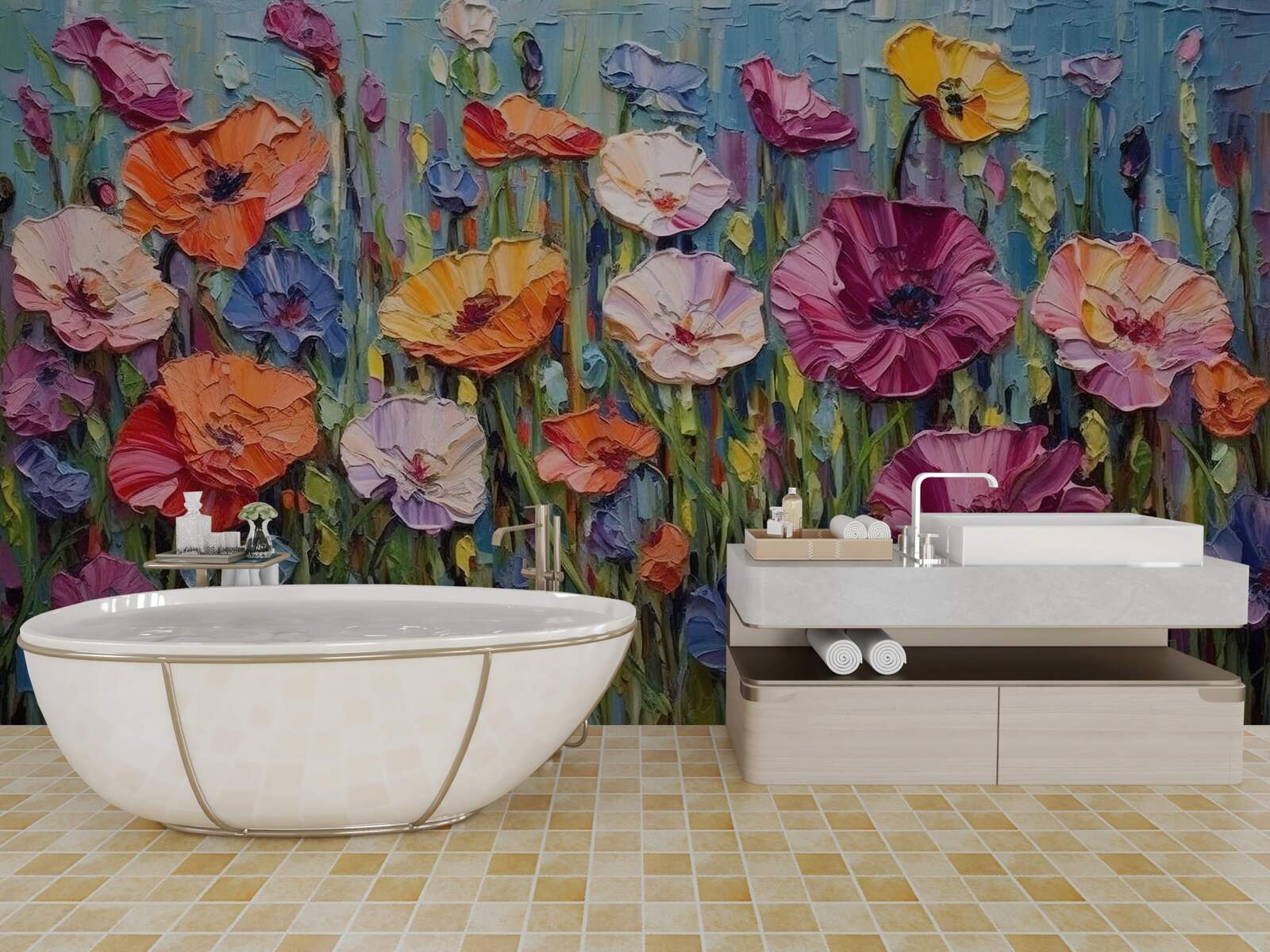 Fototapeta letnie kwiaty na polu pod niebem