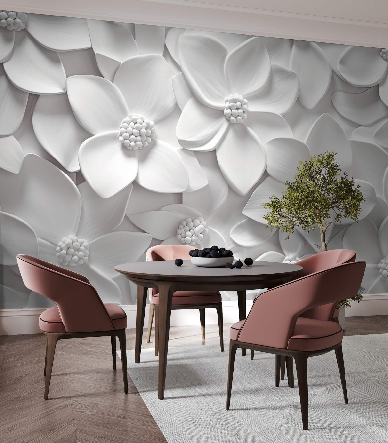 Fototapeta białe kwiaty połączone w płaskorzeźbę