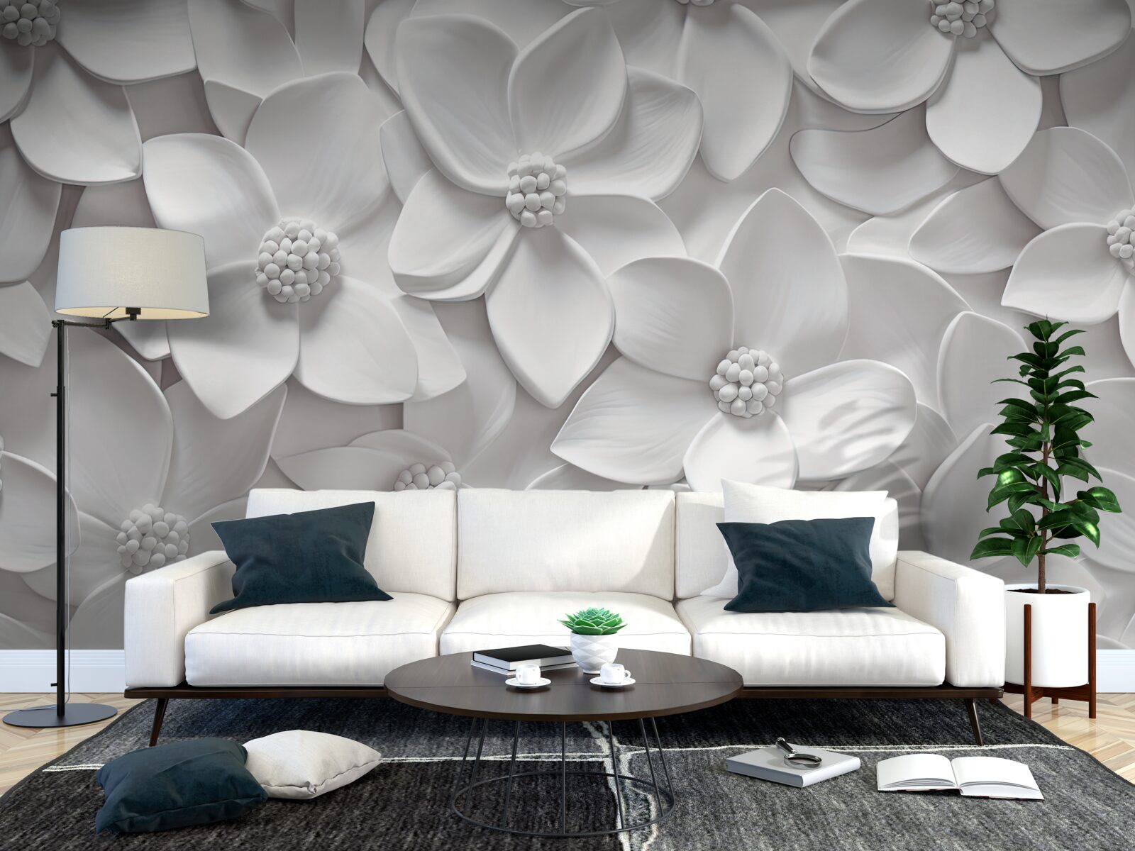 Fototapeta białe kwiaty połączone w płaskorzeźbę