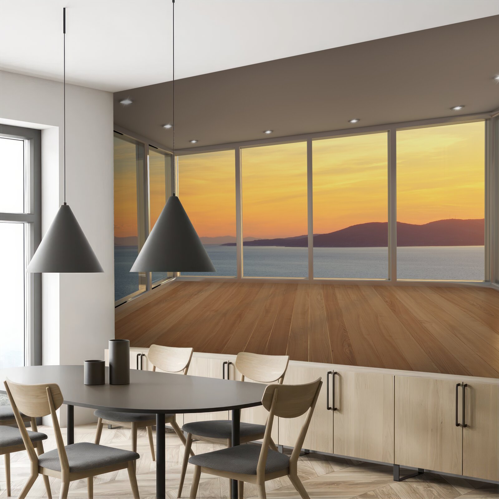 Fototapeta niesamowicie piękny krajobraz zachodu słońca i morza z panoramicznych okien