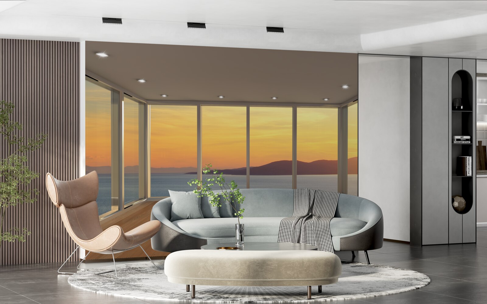 Fototapeta niesamowicie piękny krajobraz zachodu słońca i morza z panoramicznych okien