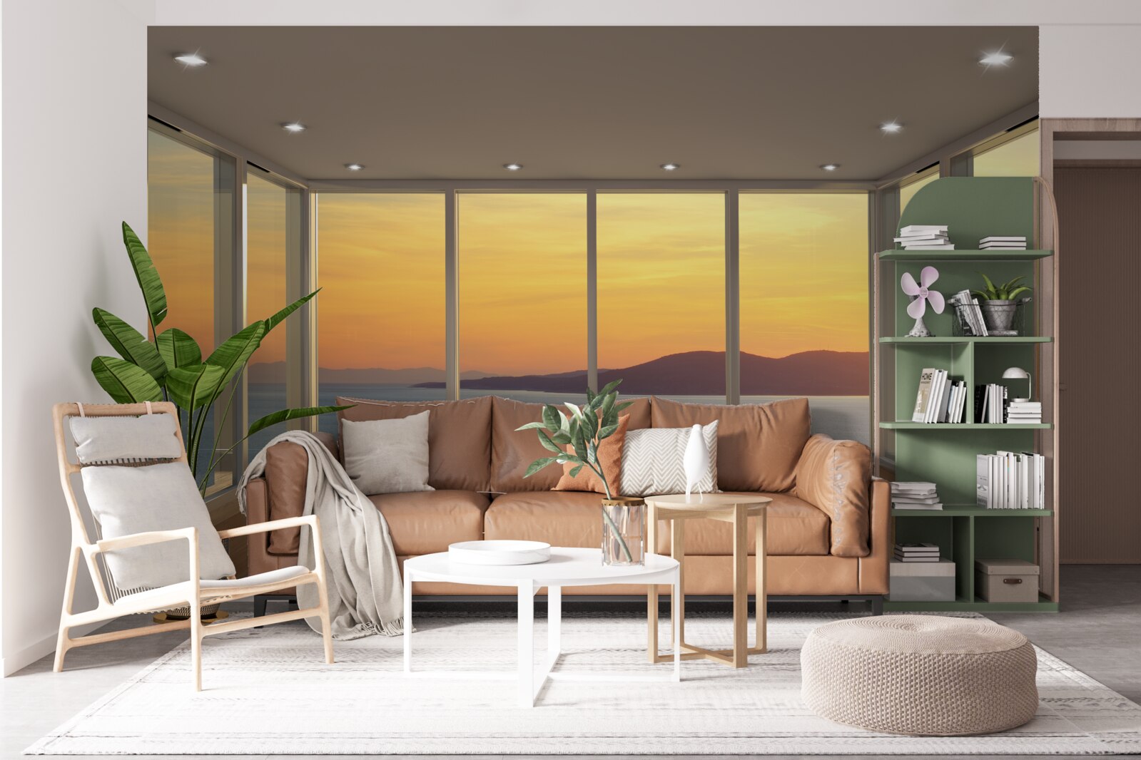 Fototapeta niesamowicie piękny krajobraz zachodu słońca i morza z panoramicznych okien