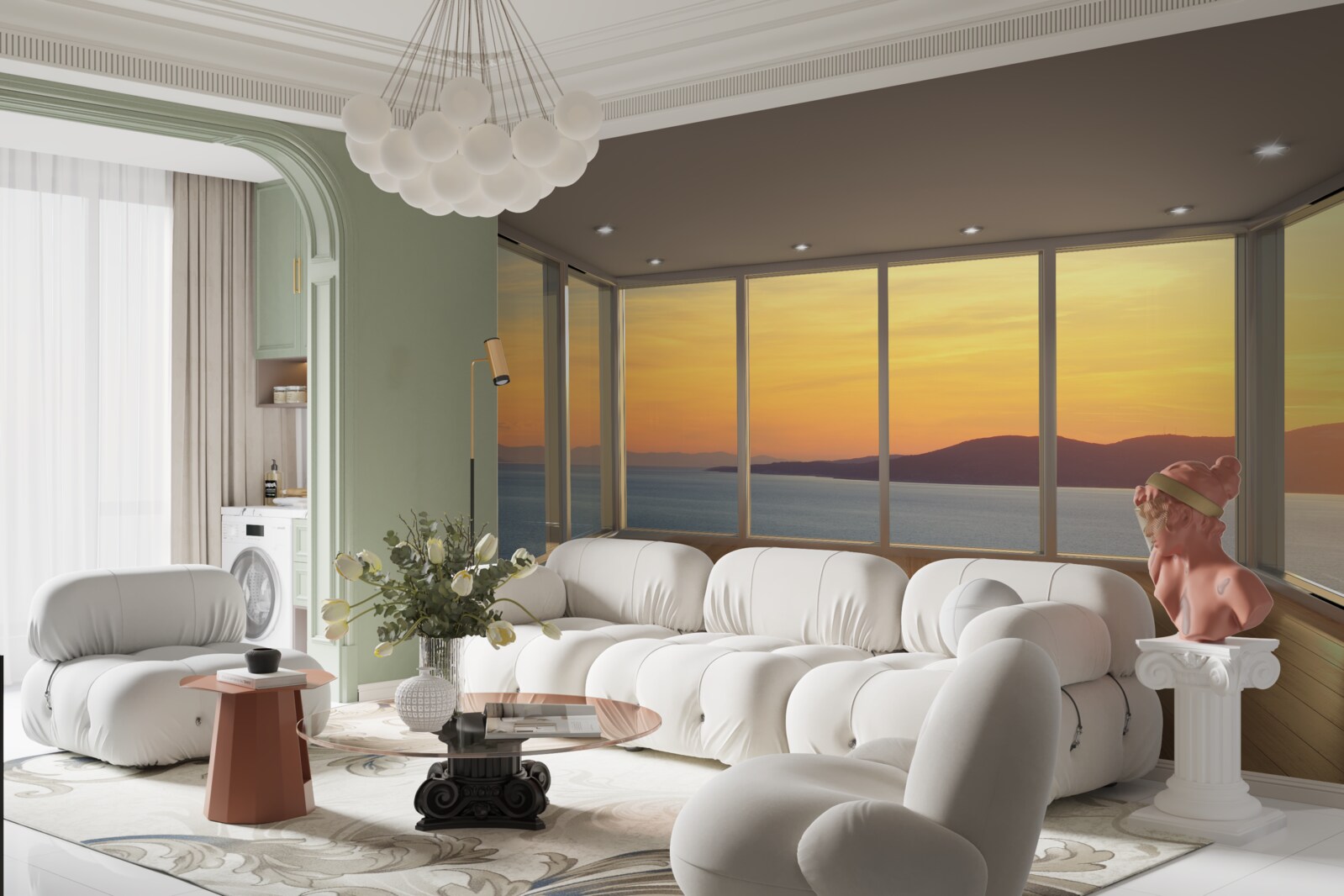 Fototapeta niesamowicie piękny krajobraz zachodu słońca i morza z panoramicznych okien