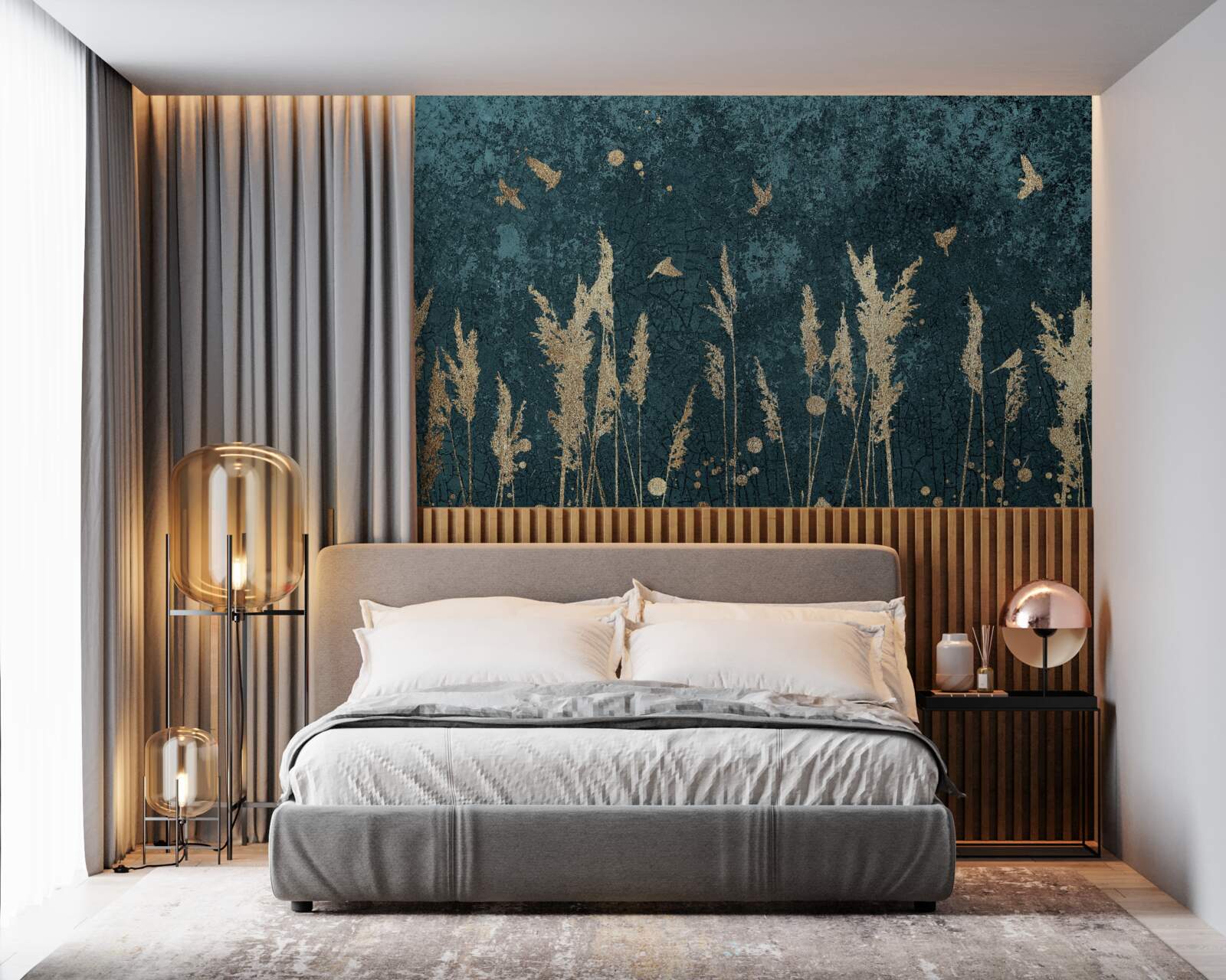 Fototapeta wieczorem ptaki przelatują nad połaciami łąki