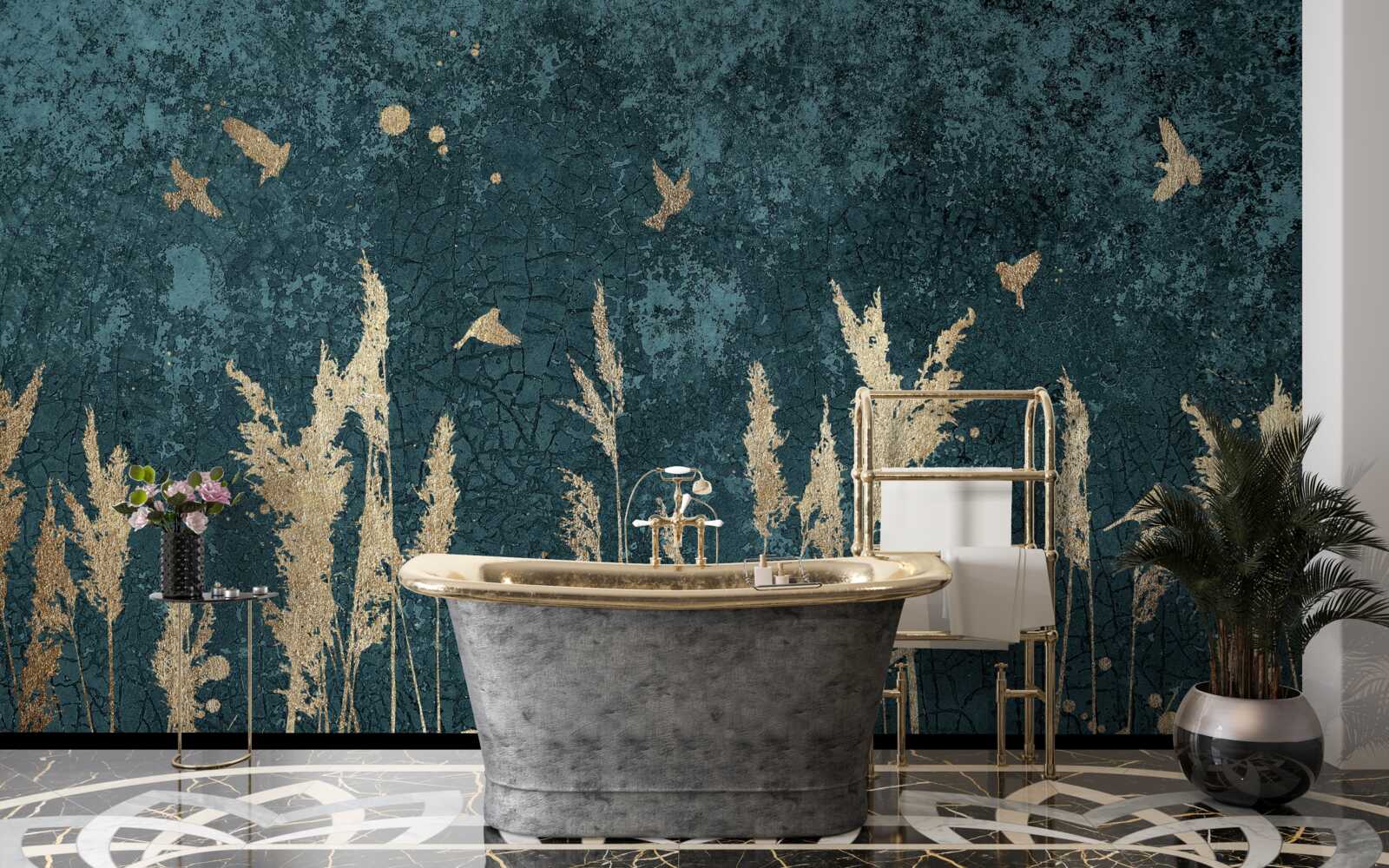 Fototapeta wieczorem ptaki przelatują nad połaciami łąki