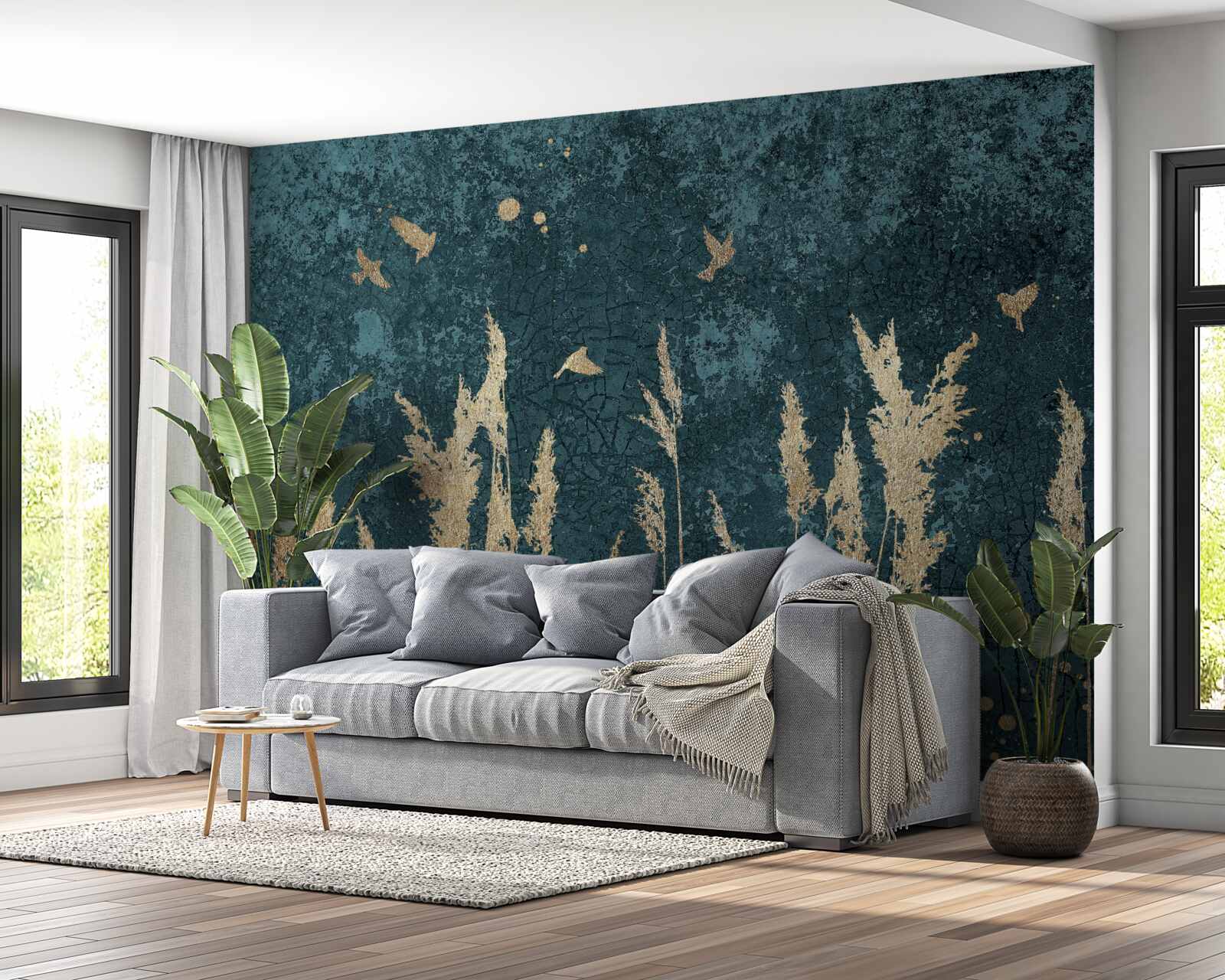 Fototapeta wieczorem ptaki przelatują nad połaciami łąki