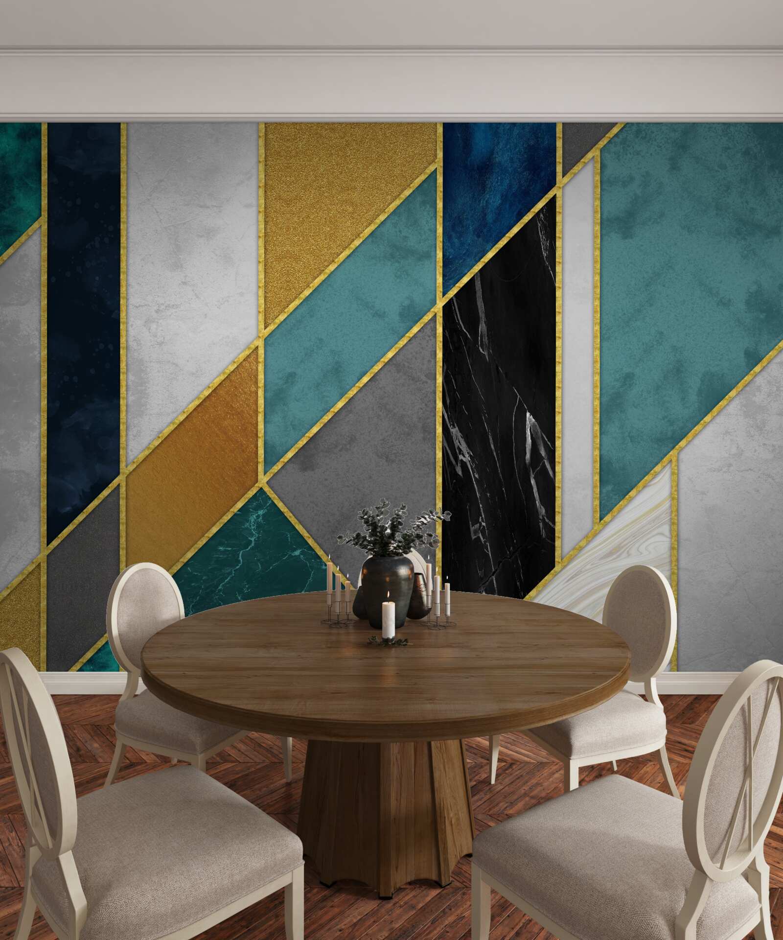 Fototapeta marmur w różnych kolorach, wykończony złotymi krawędziami figur